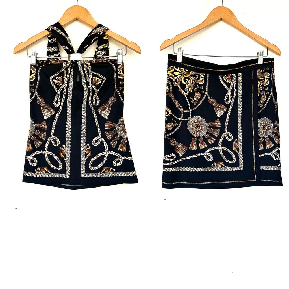 Vintage Y2K Cache Set Halter Top Mini Skirt Baroque Scarf Versace Medium 8 Gold - Picture 2 of 13
